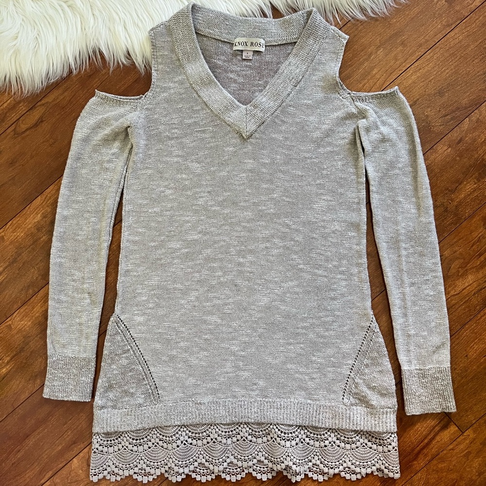 Knox Rose Beige V-Neck Lace Trim Cold Shoulder Sweater Dress/Tunic-Size S
